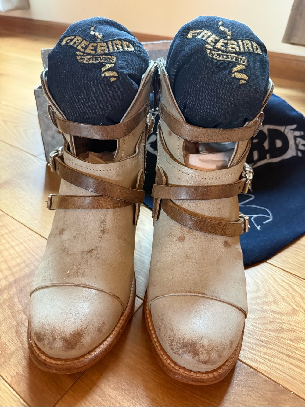 Freebird CRUE Strappy Ice Cream Leather Ankle Boots with Tan Strap Accents - Picture 4 of 14